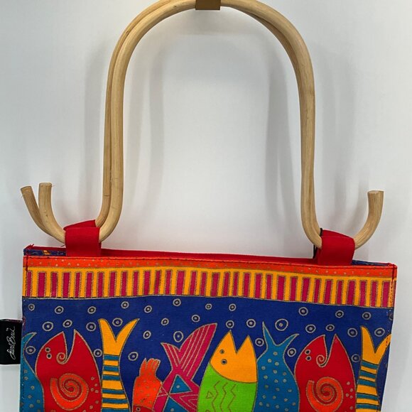 Laurel Burch Colorful Fish Canvas Tote Bag With Wooden Handles & Charm - Picture 6 of 9